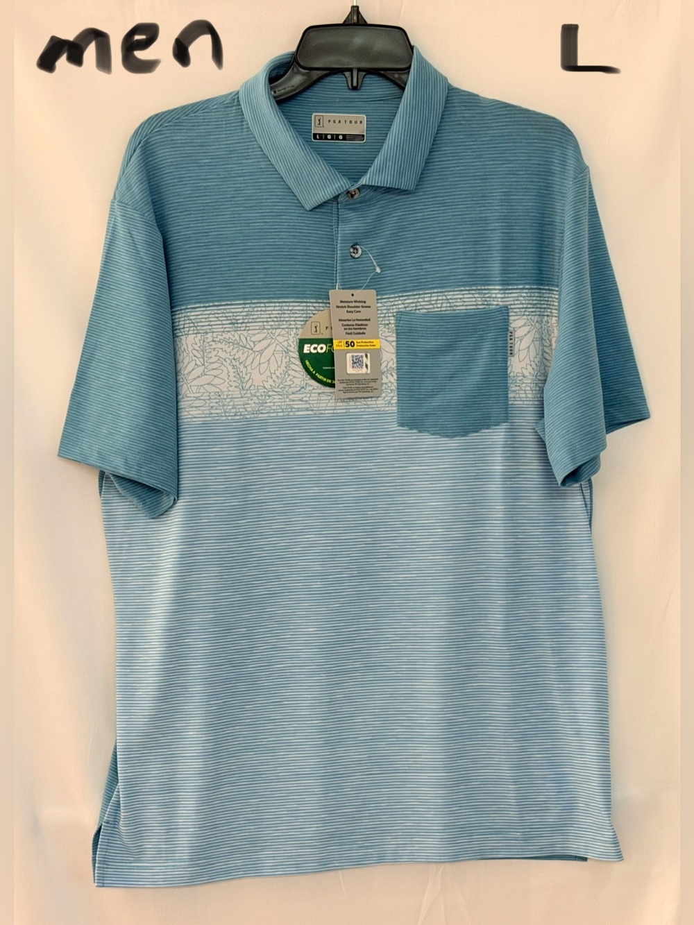 PGA Tour Two-Tone Blue Striped Polo with Chest Pocket